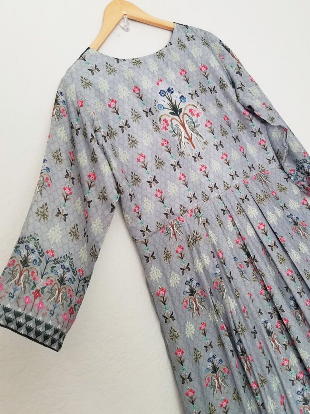 Kalki Cloud Grey Cotton Silk Beaded Embroidered Maxi Dress L Gown India Boho - Picture 10 of 16
